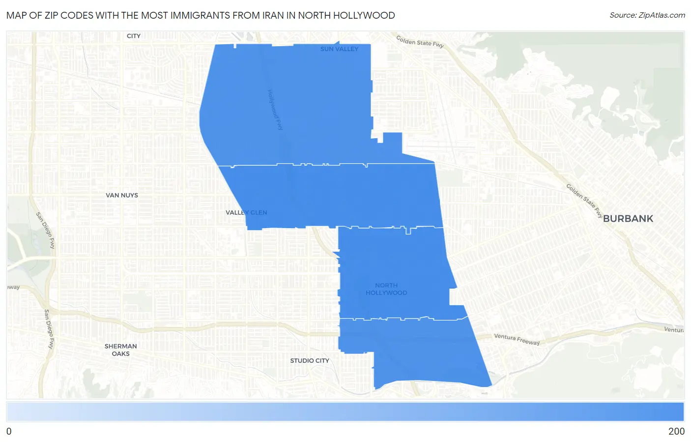Zip Codes with the Most Immigrants from Iran in North Hollywood Map