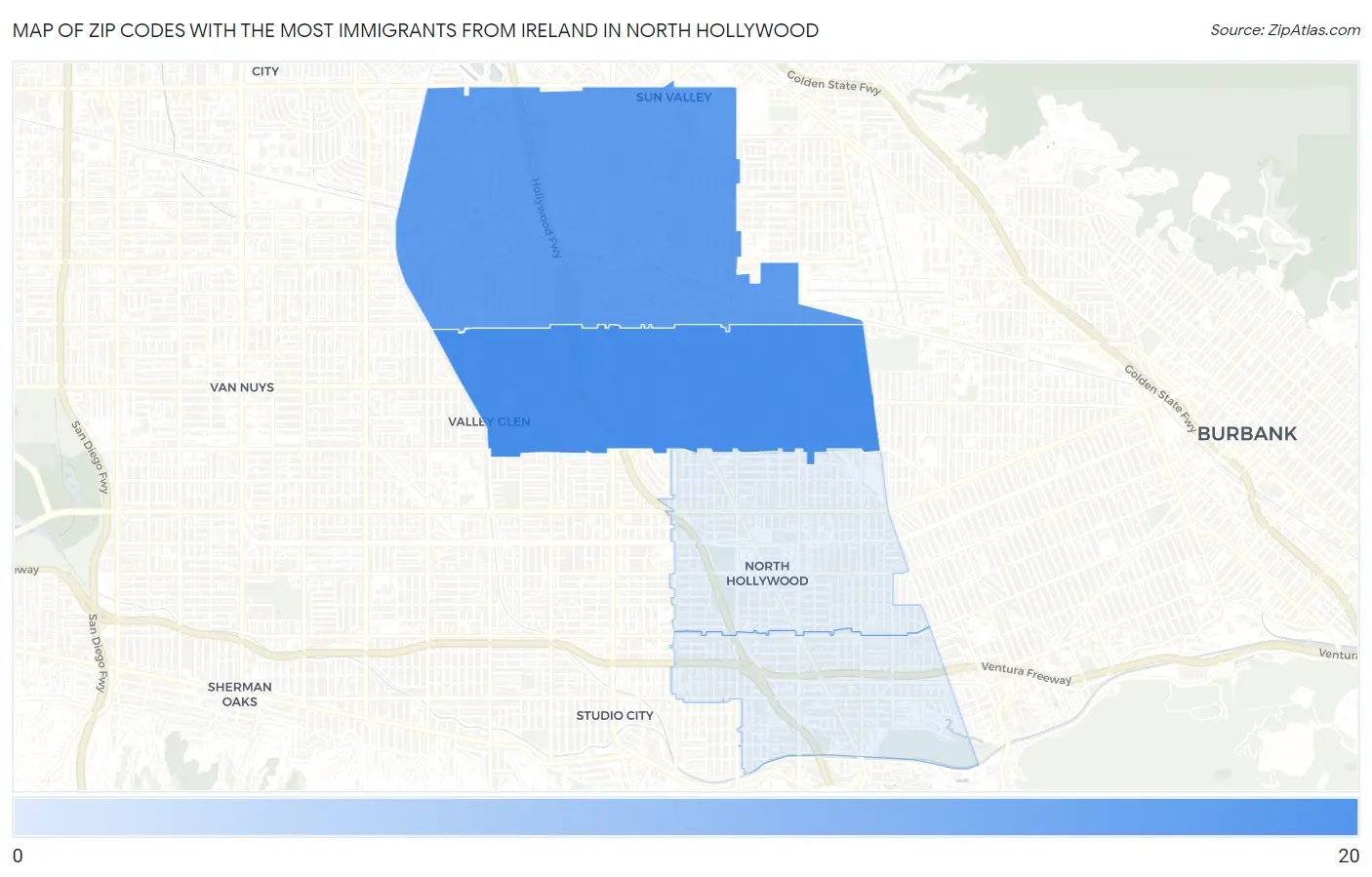 Zip Codes with the Most Immigrants from Ireland in North Hollywood Map