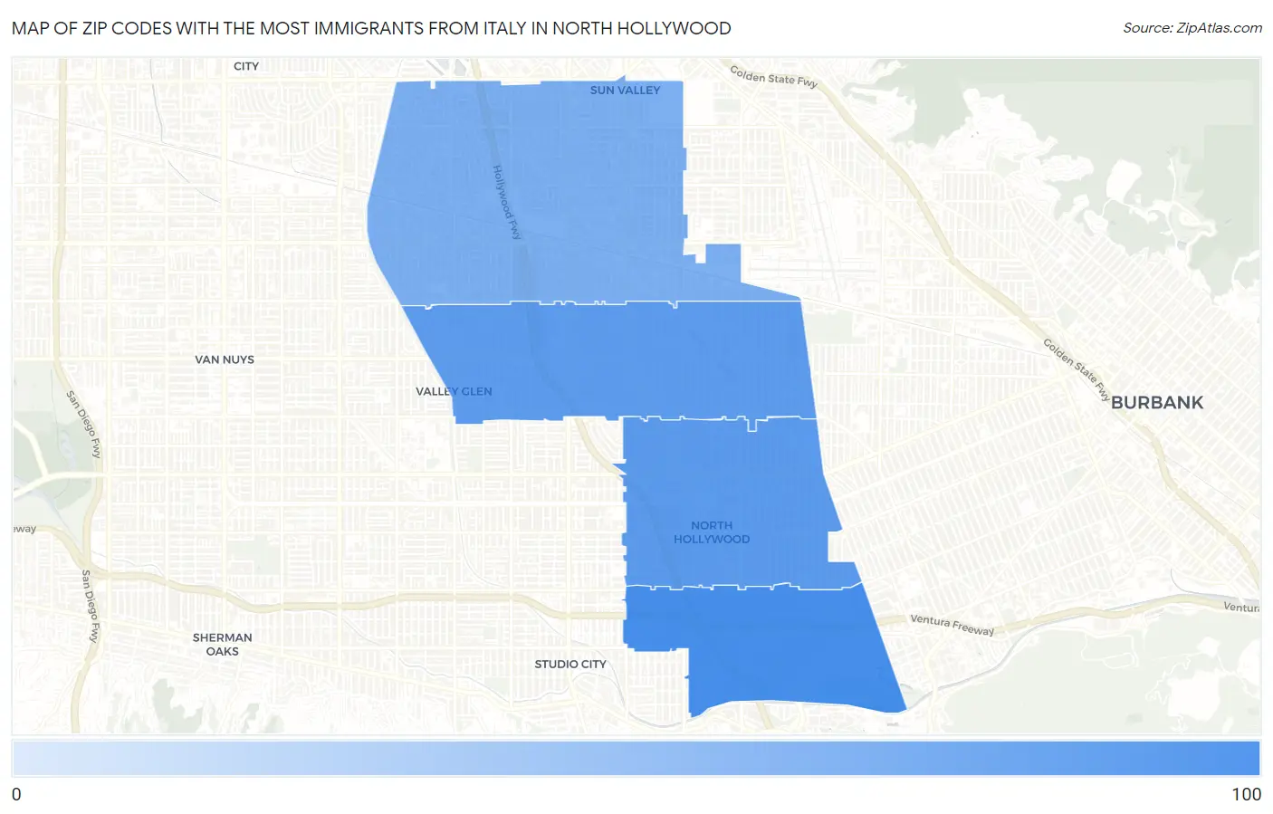 Zip Codes with the Most Immigrants from Italy in North Hollywood Map