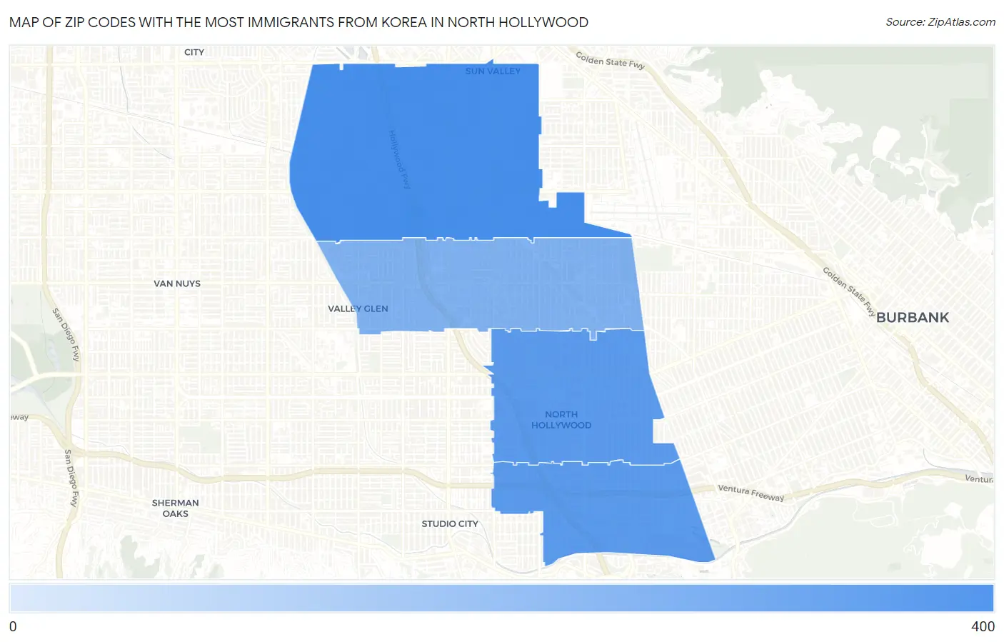 Zip Codes with the Most Immigrants from Korea in North Hollywood Map