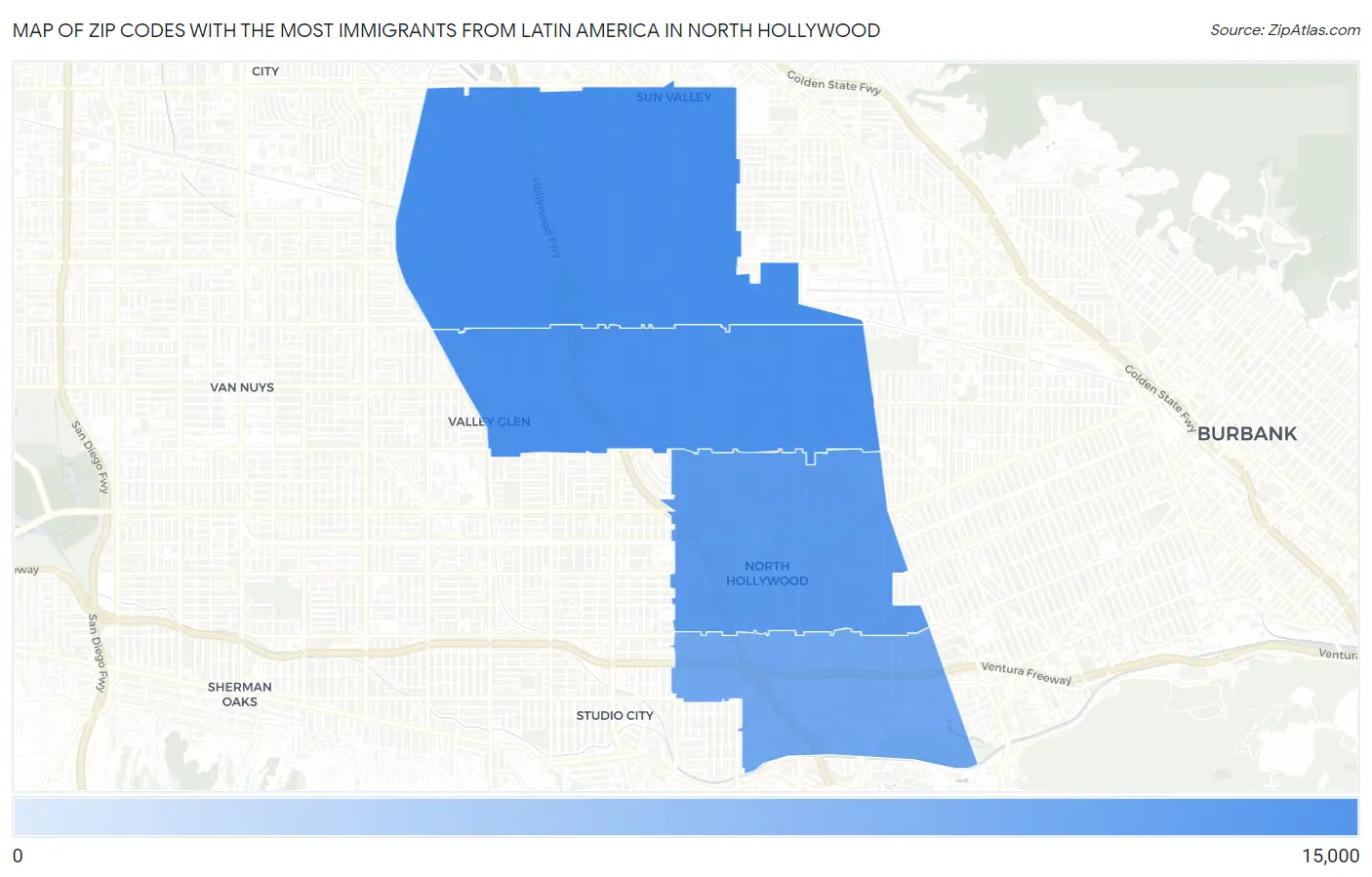 Zip Codes with the Most Immigrants from Latin America in North Hollywood Map