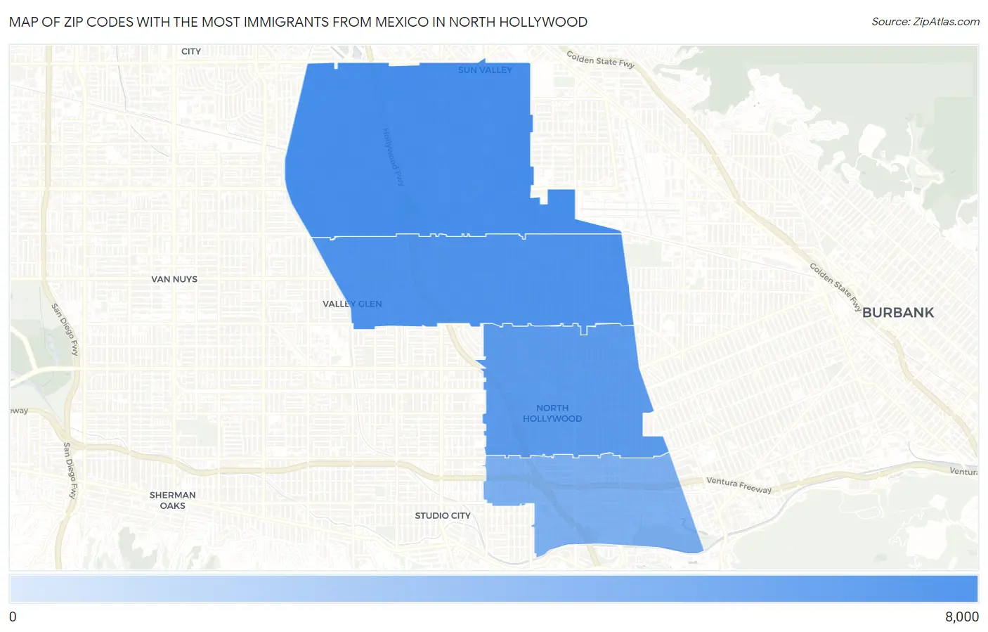 Zip Codes with the Most Immigrants from Mexico in North Hollywood Map