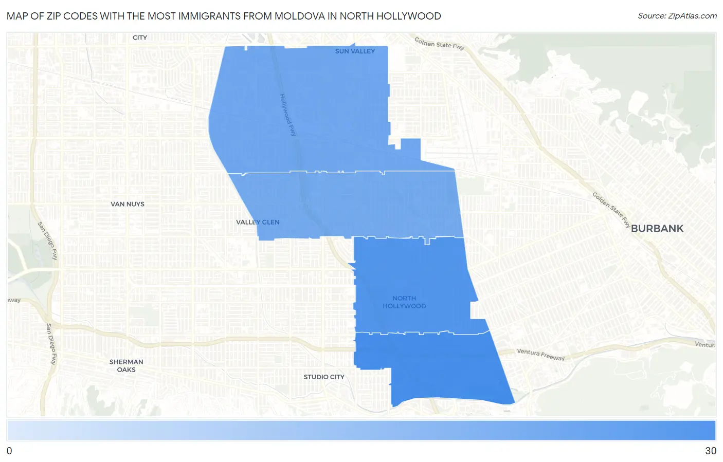 Zip Codes with the Most Immigrants from Moldova in North Hollywood Map