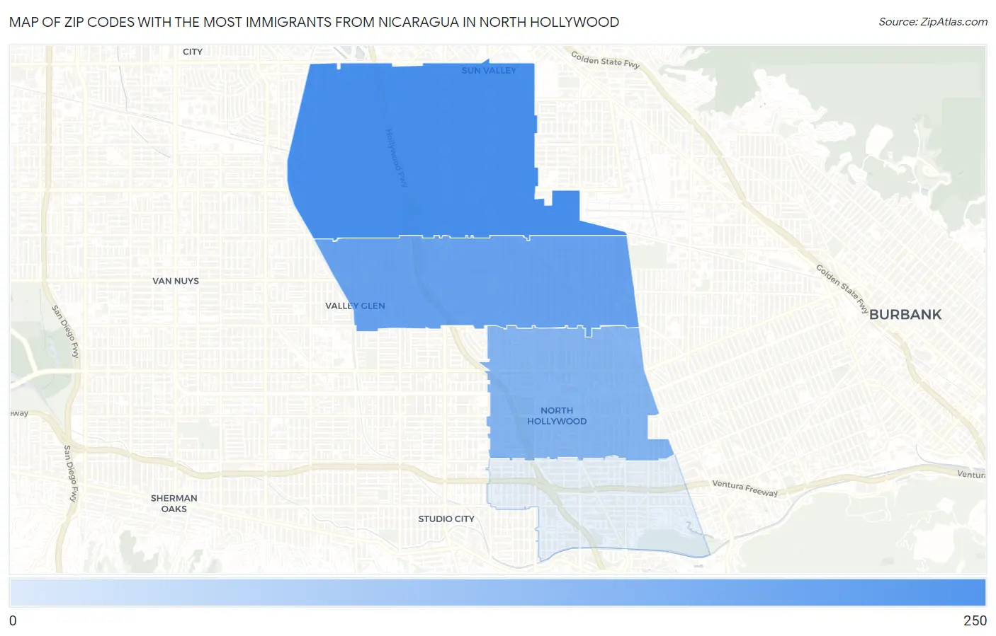 Zip Codes with the Most Immigrants from Nicaragua in North Hollywood Map