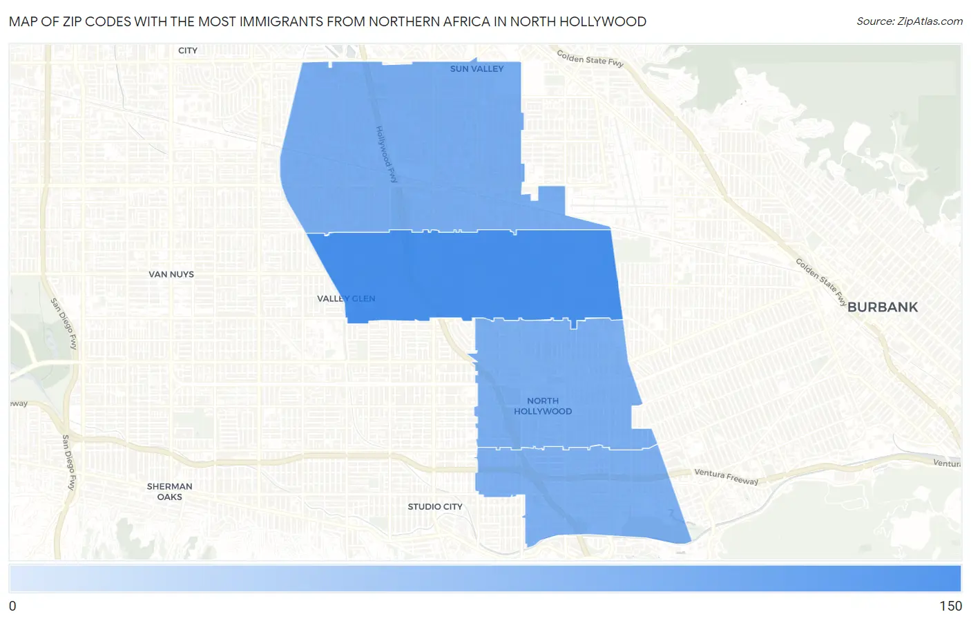 Zip Codes with the Most Immigrants from Northern Africa in North Hollywood Map