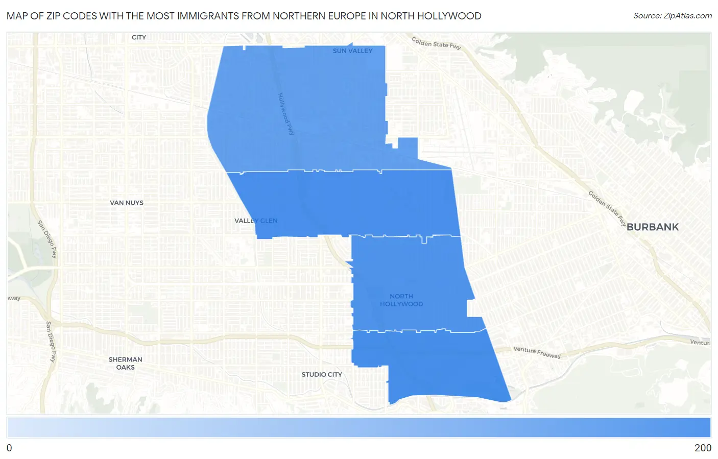 Zip Codes with the Most Immigrants from Northern Europe in North Hollywood Map