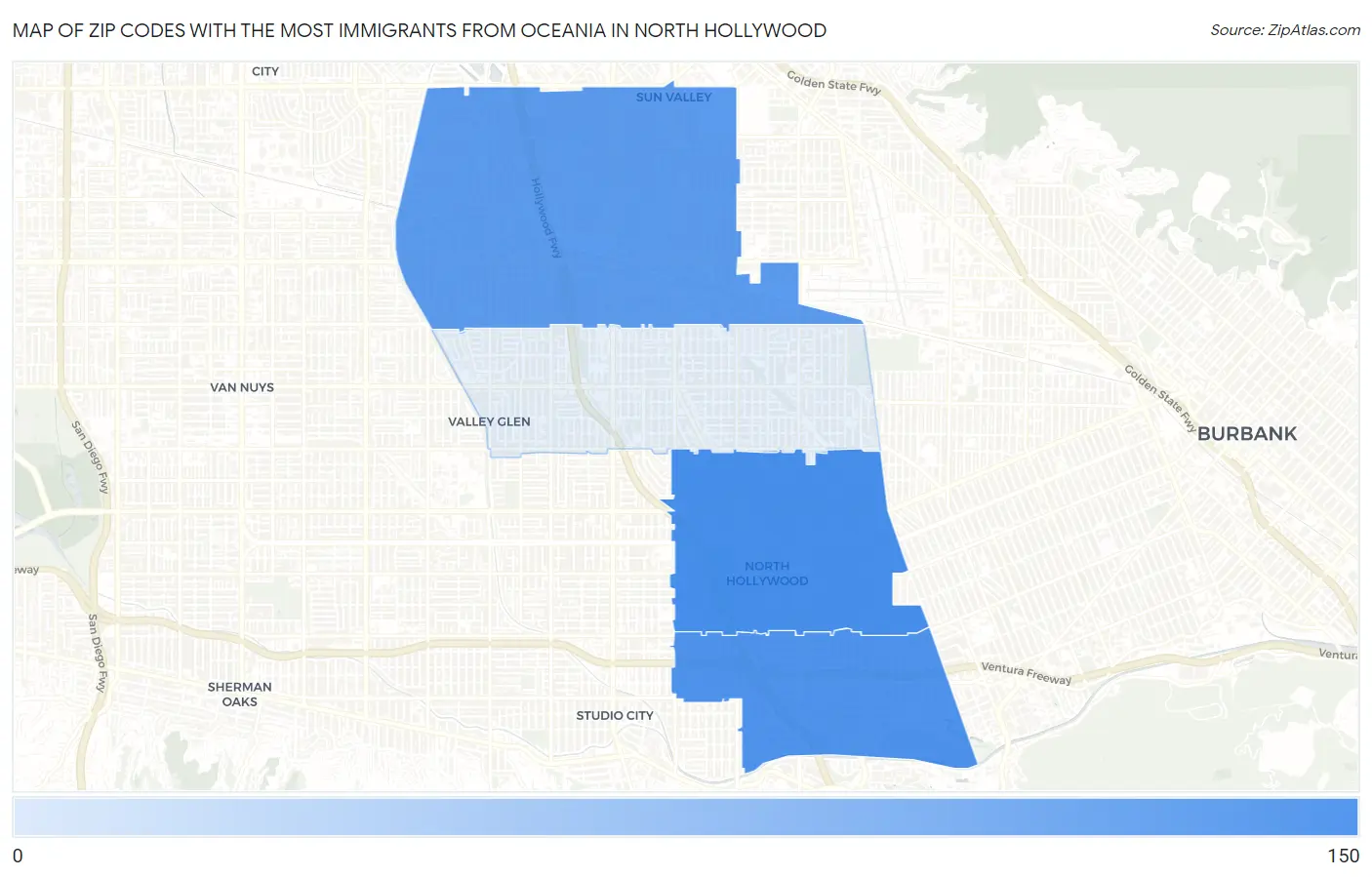 Zip Codes with the Most Immigrants from Oceania in North Hollywood Map