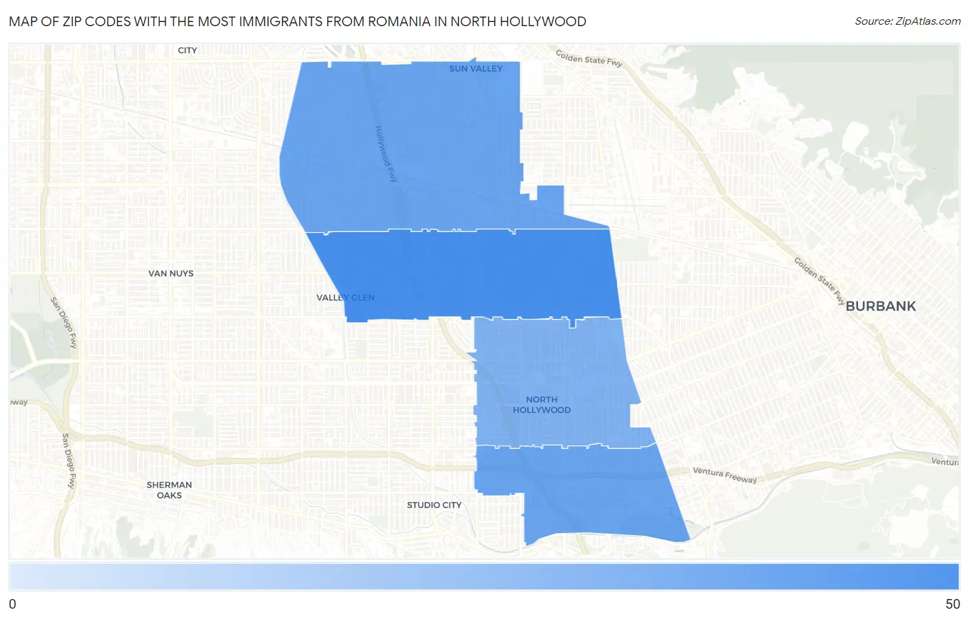 Zip Codes with the Most Immigrants from Romania in North Hollywood Map
