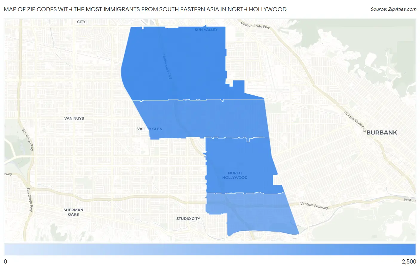 Zip Codes with the Most Immigrants from South Eastern Asia in North Hollywood Map
