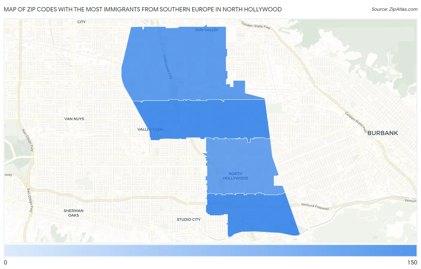 Zip Codes with the Most Immigrants from Southern Europe in North Hollywood Map