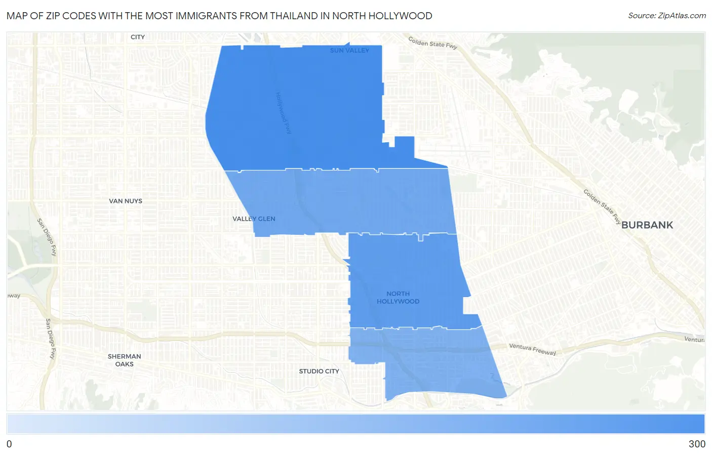 Zip Codes with the Most Immigrants from Thailand in North Hollywood Map
