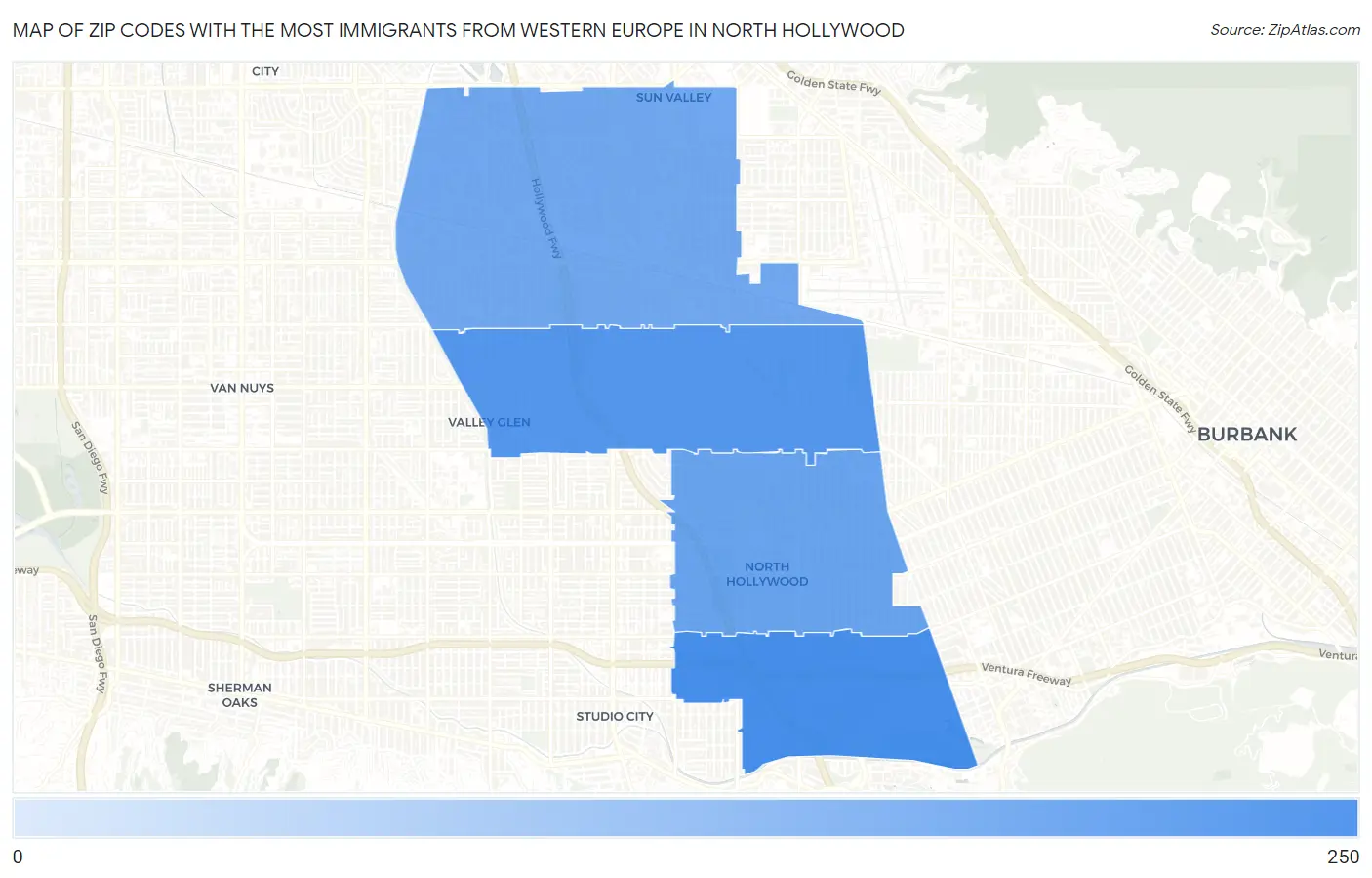 Zip Codes with the Most Immigrants from Western Europe in North Hollywood Map