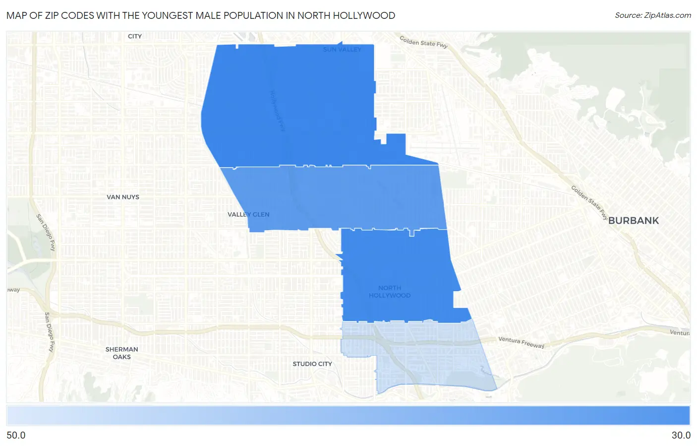 Zip Codes with the Youngest Male Population in North Hollywood Map