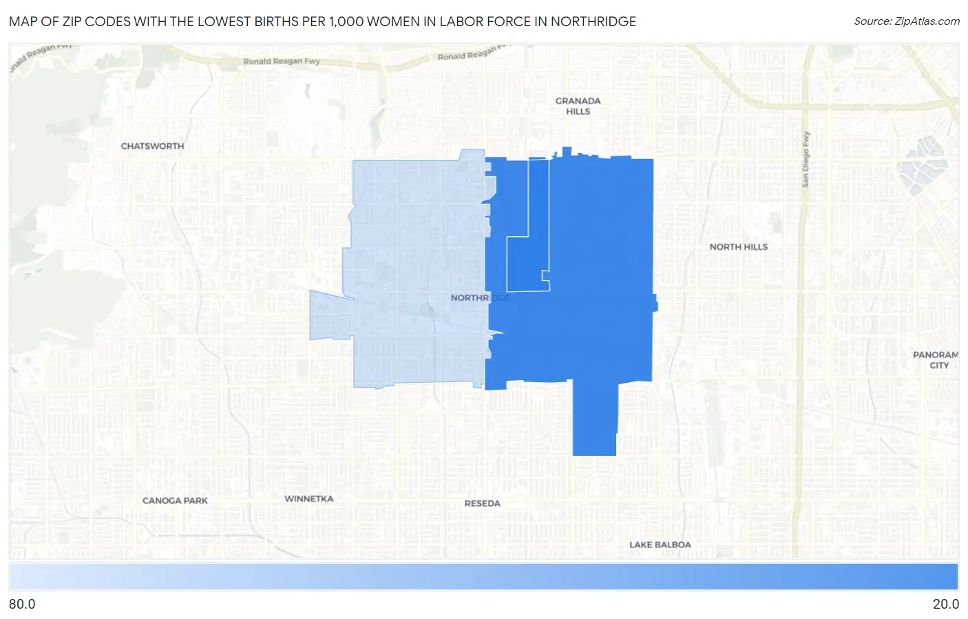 Zip Codes with the Lowest Births per 1,000 Women in Labor Force in Northridge Map