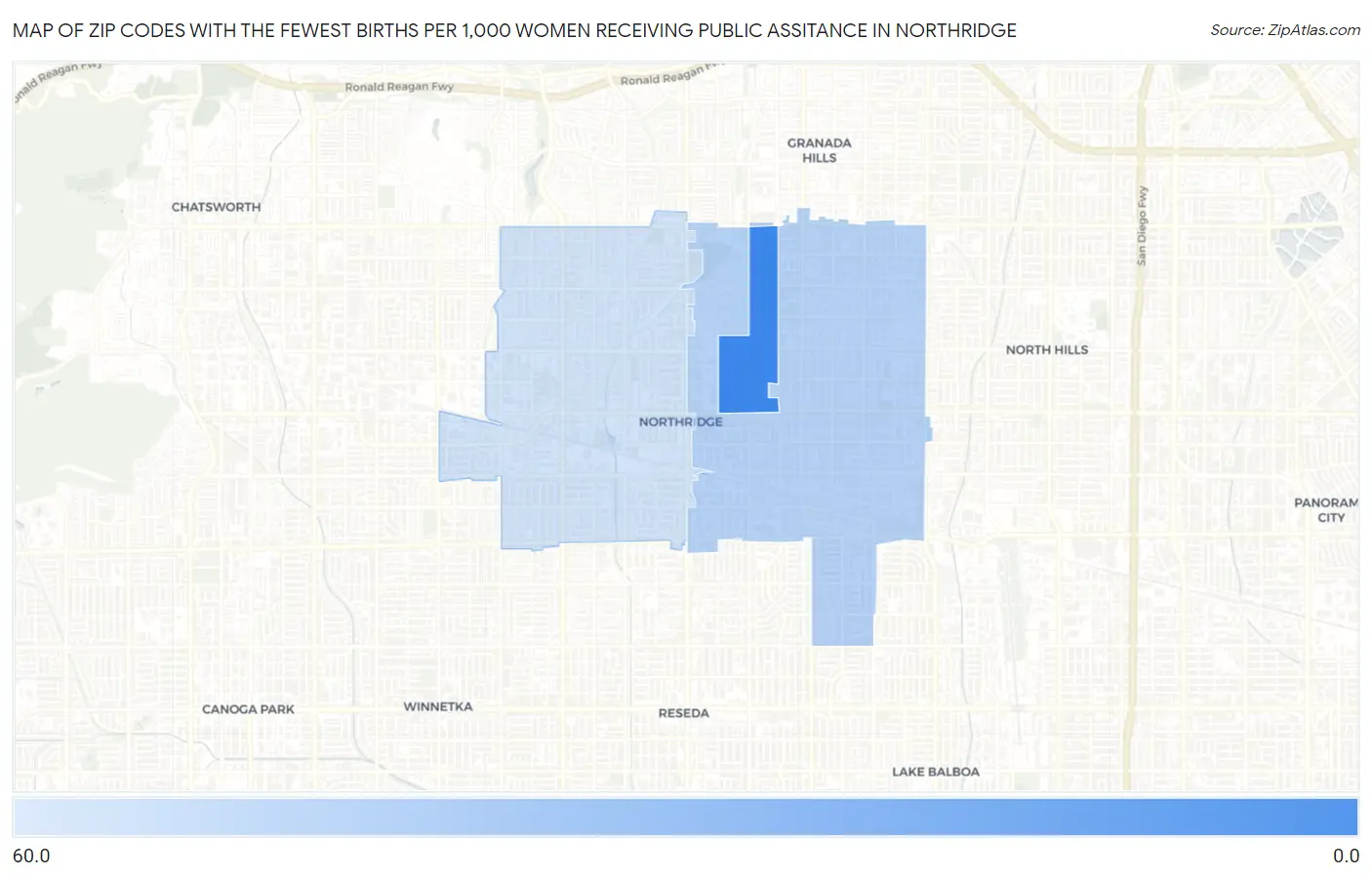 Zip Codes with the Fewest Births per 1,000 Women Receiving Public Assitance in Northridge Map