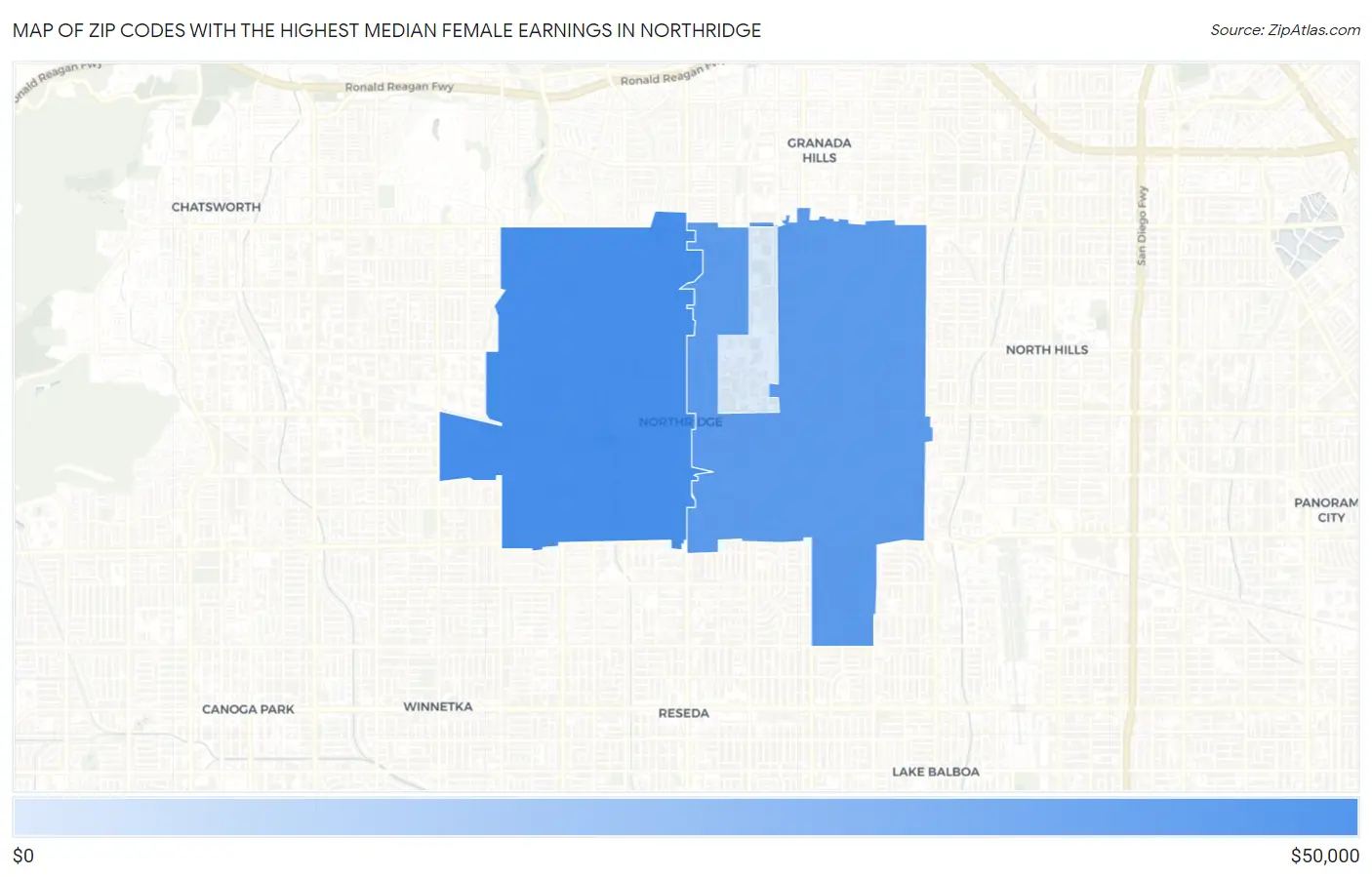 Zip Codes with the Highest Median Female Earnings in Northridge Map