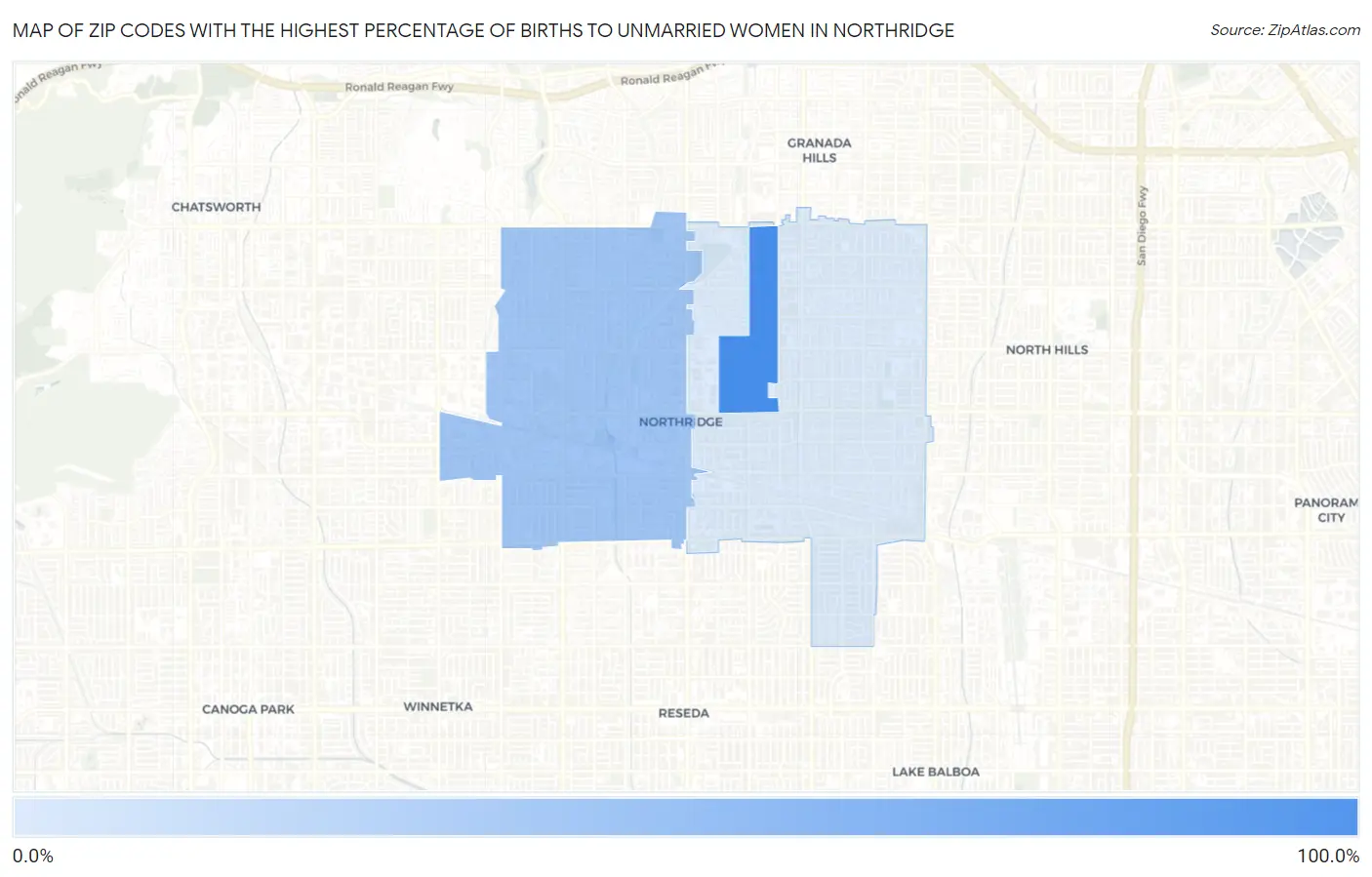 Zip Codes with the Highest Percentage of Births to Unmarried Women in Northridge Map