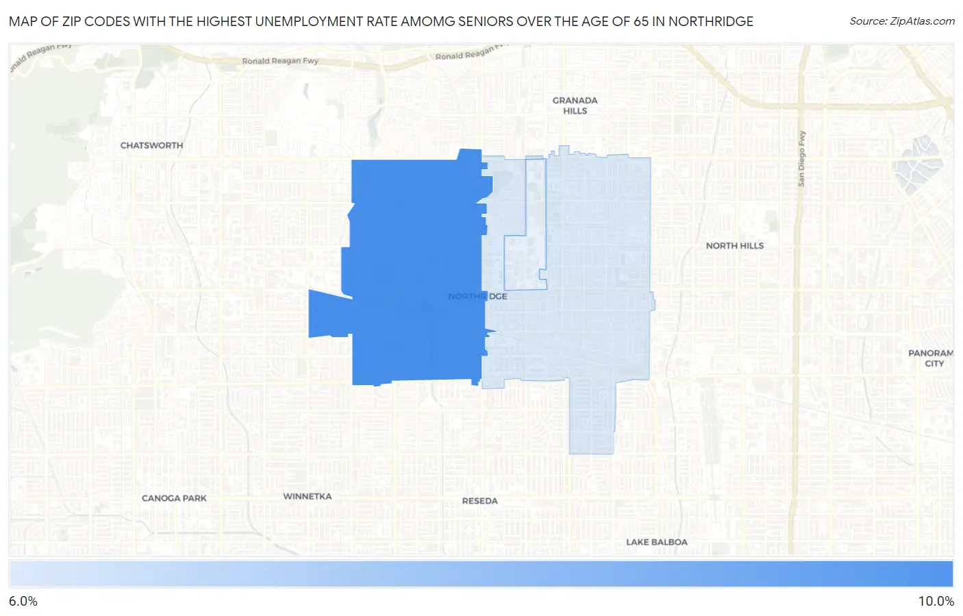Zip Codes with the Highest Unemployment Rate Amomg Seniors Over the Age of 65 in Northridge Map