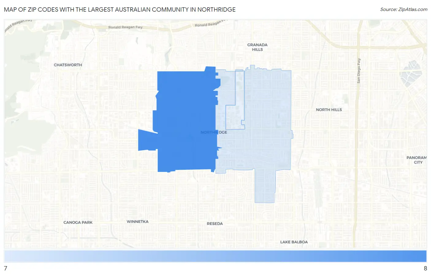 Zip Codes with the Largest Australian Community in Northridge Map