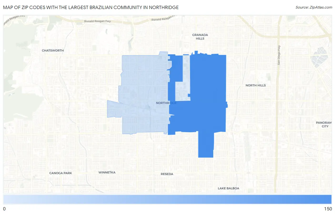 Zip Codes with the Largest Brazilian Community in Northridge Map