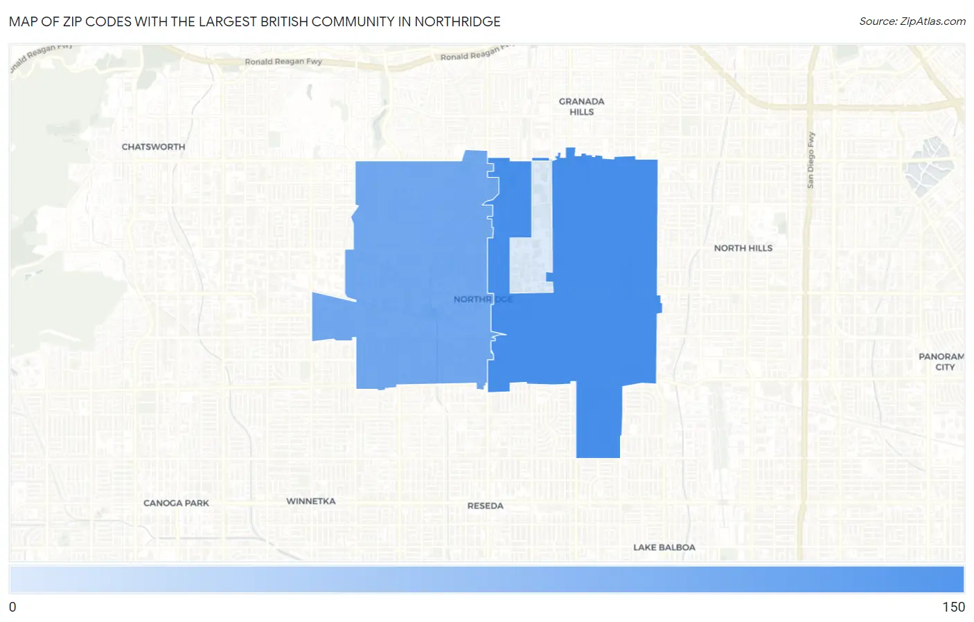 Zip Codes with the Largest British Community in Northridge Map