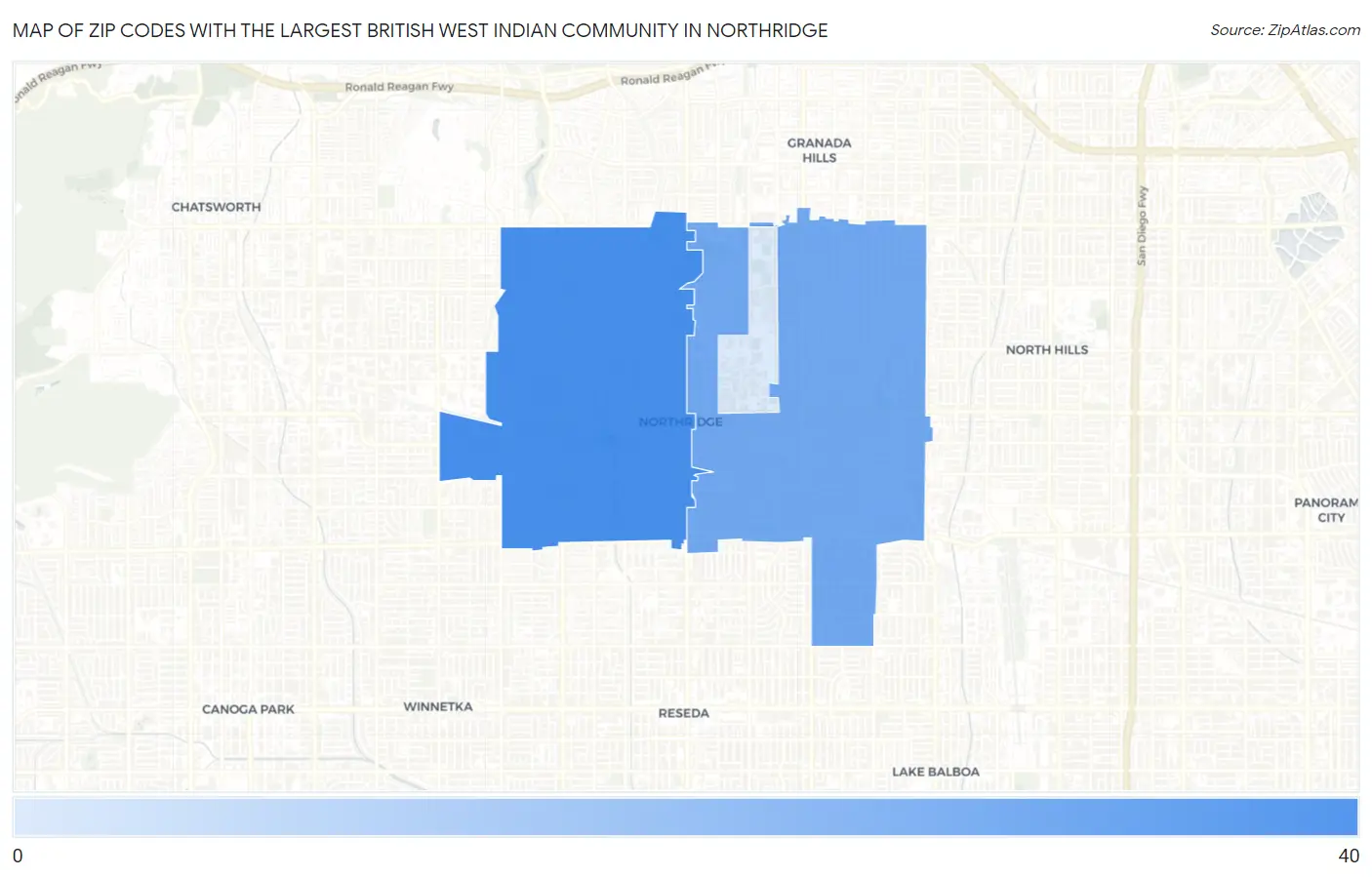 Zip Codes with the Largest British West Indian Community in Northridge Map