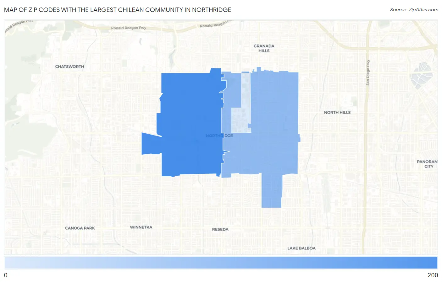 Zip Codes with the Largest Chilean Community in Northridge Map
