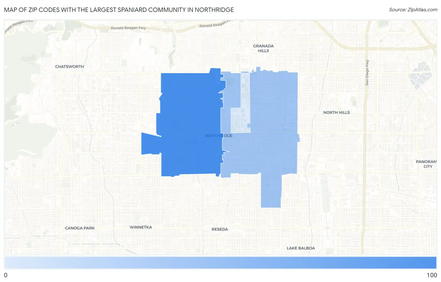 Zip Codes with the Largest Spaniard Community in Northridge Map