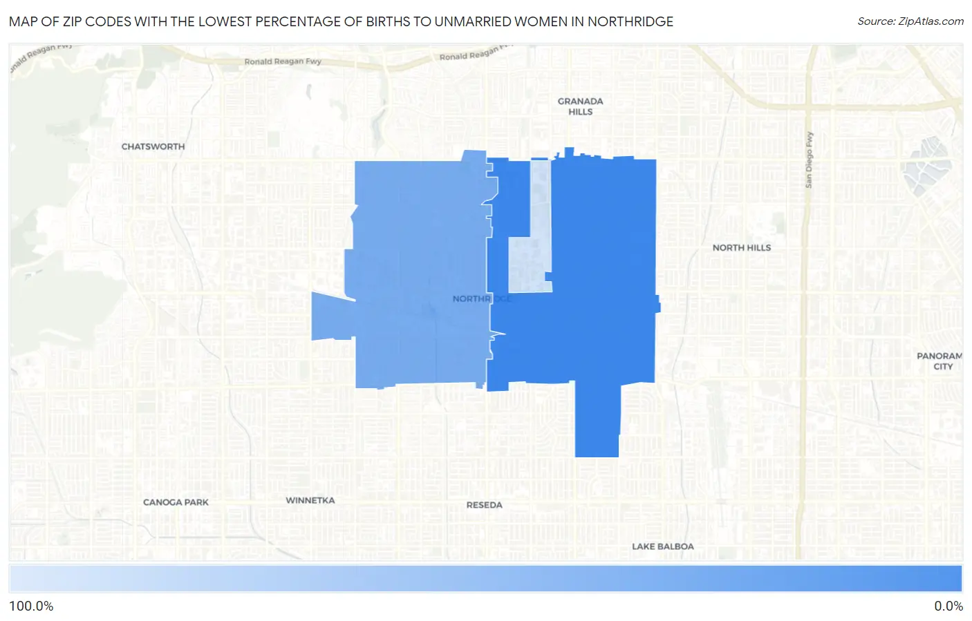 Zip Codes with the Lowest Percentage of Births to Unmarried Women in Northridge Map
