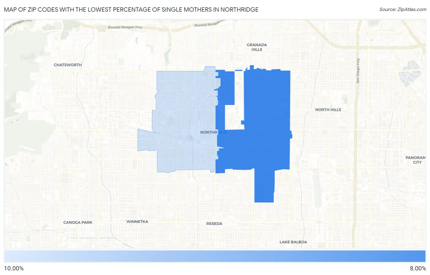 Zip Codes with the Lowest Percentage of Single Mothers in Northridge Map