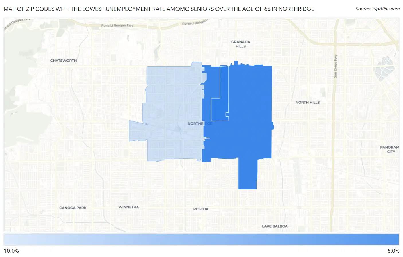 Zip Codes with the Lowest Unemployment Rate Amomg Seniors Over the Age of 65 in Northridge Map