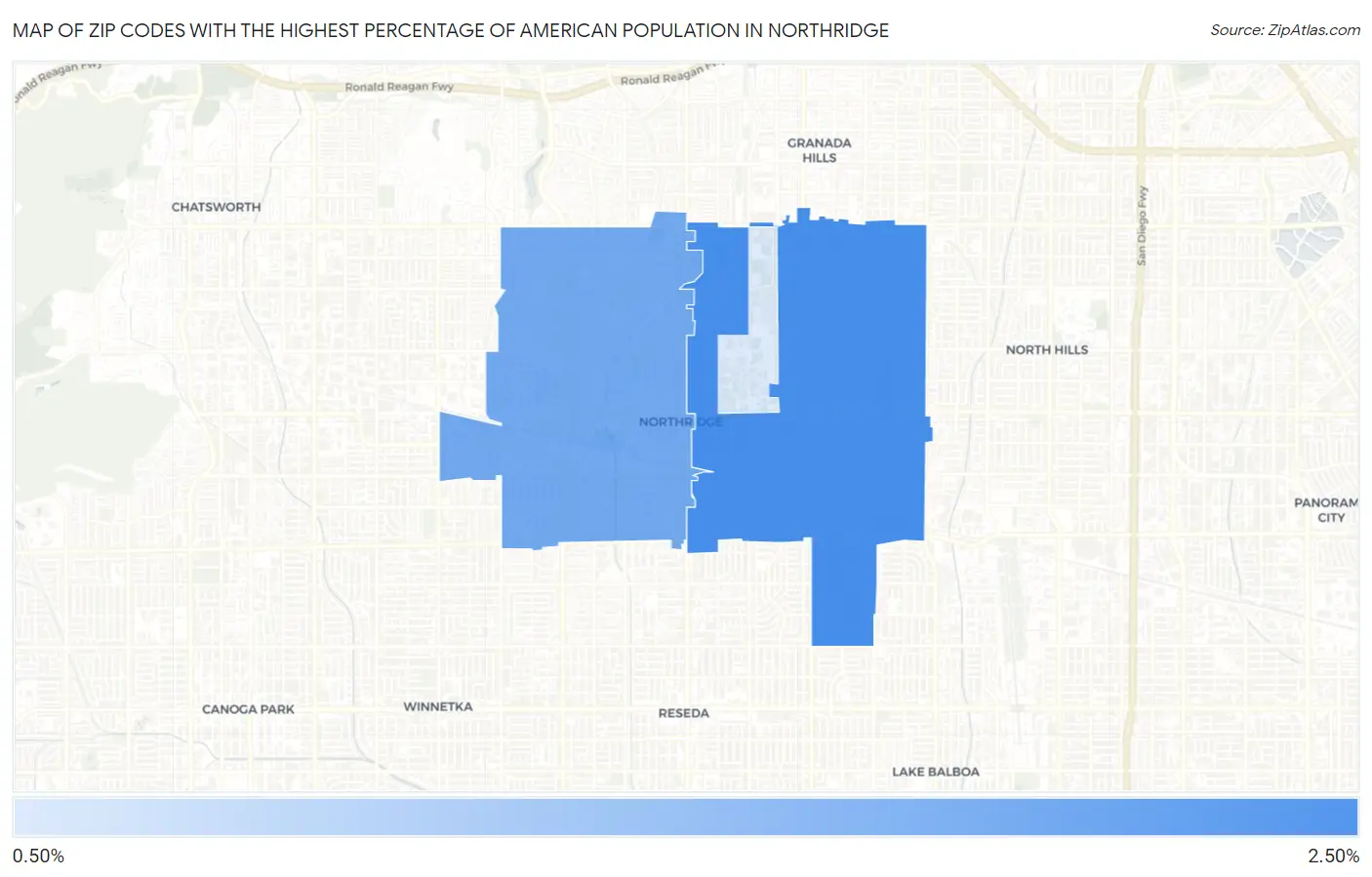 Zip Codes with the Highest Percentage of American Population in Northridge Map