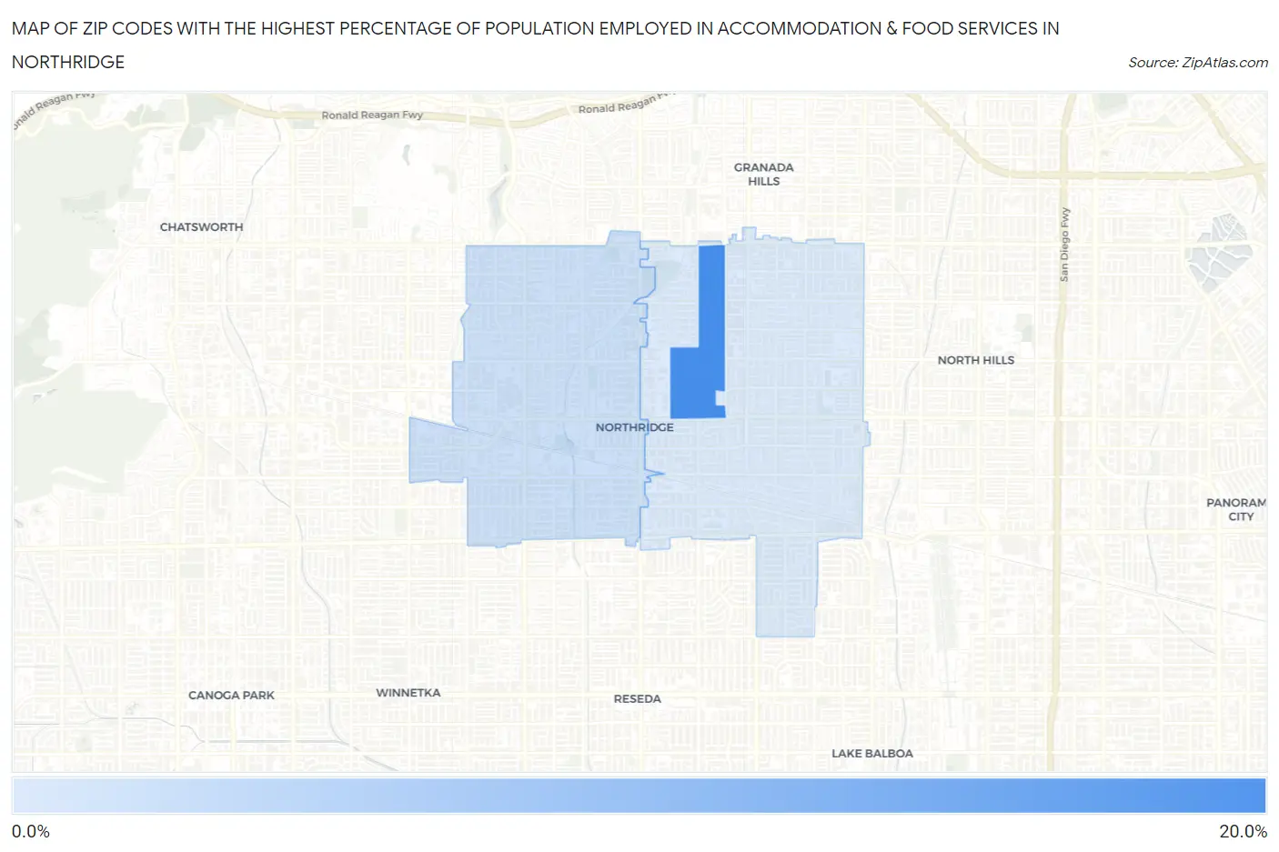 Zip Codes with the Highest Percentage of Population Employed in Accommodation & Food Services in Northridge Map