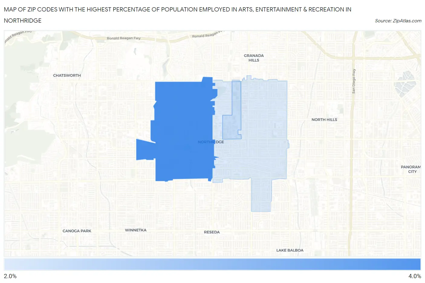 Zip Codes with the Highest Percentage of Population Employed in Arts, Entertainment & Recreation in Northridge Map