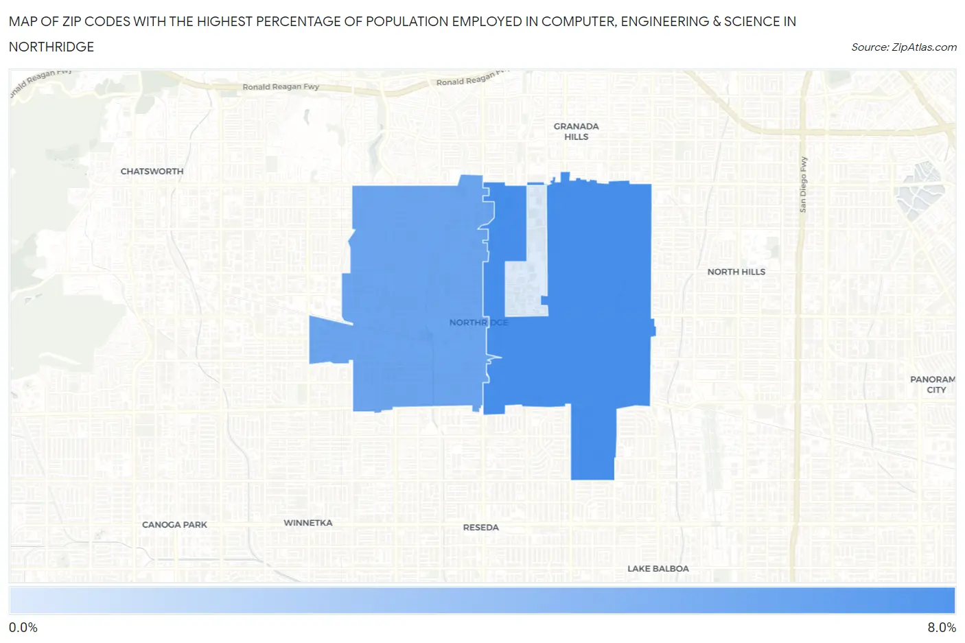 Zip Codes with the Highest Percentage of Population Employed in Computer, Engineering & Science in Northridge Map