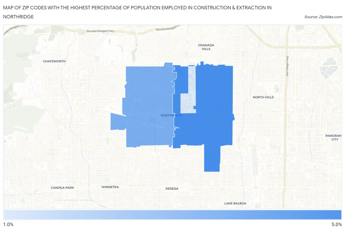 Zip Codes with the Highest Percentage of Population Employed in Construction & Extraction in Northridge Map