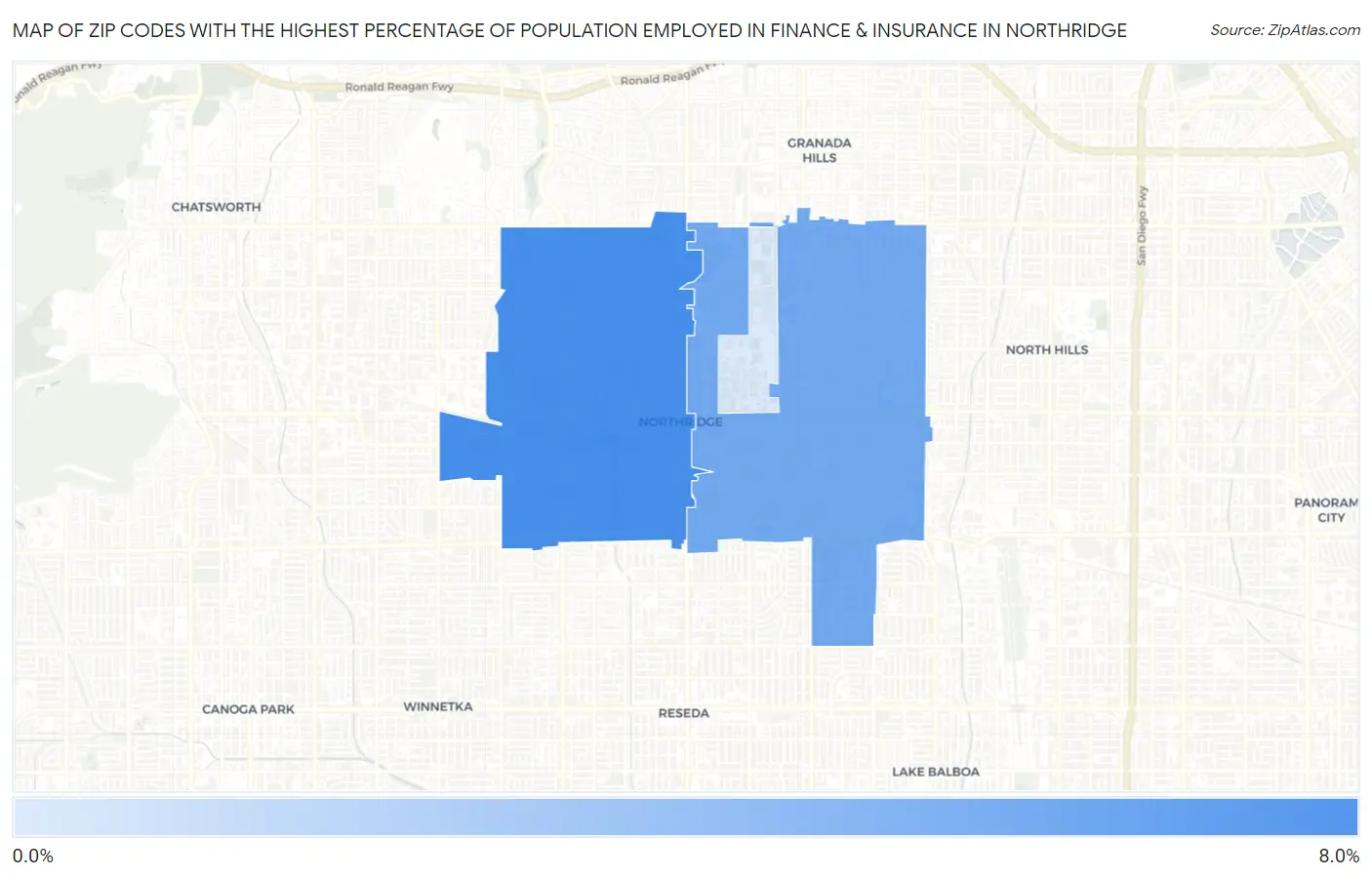 Zip Codes with the Highest Percentage of Population Employed in Finance & Insurance in Northridge Map