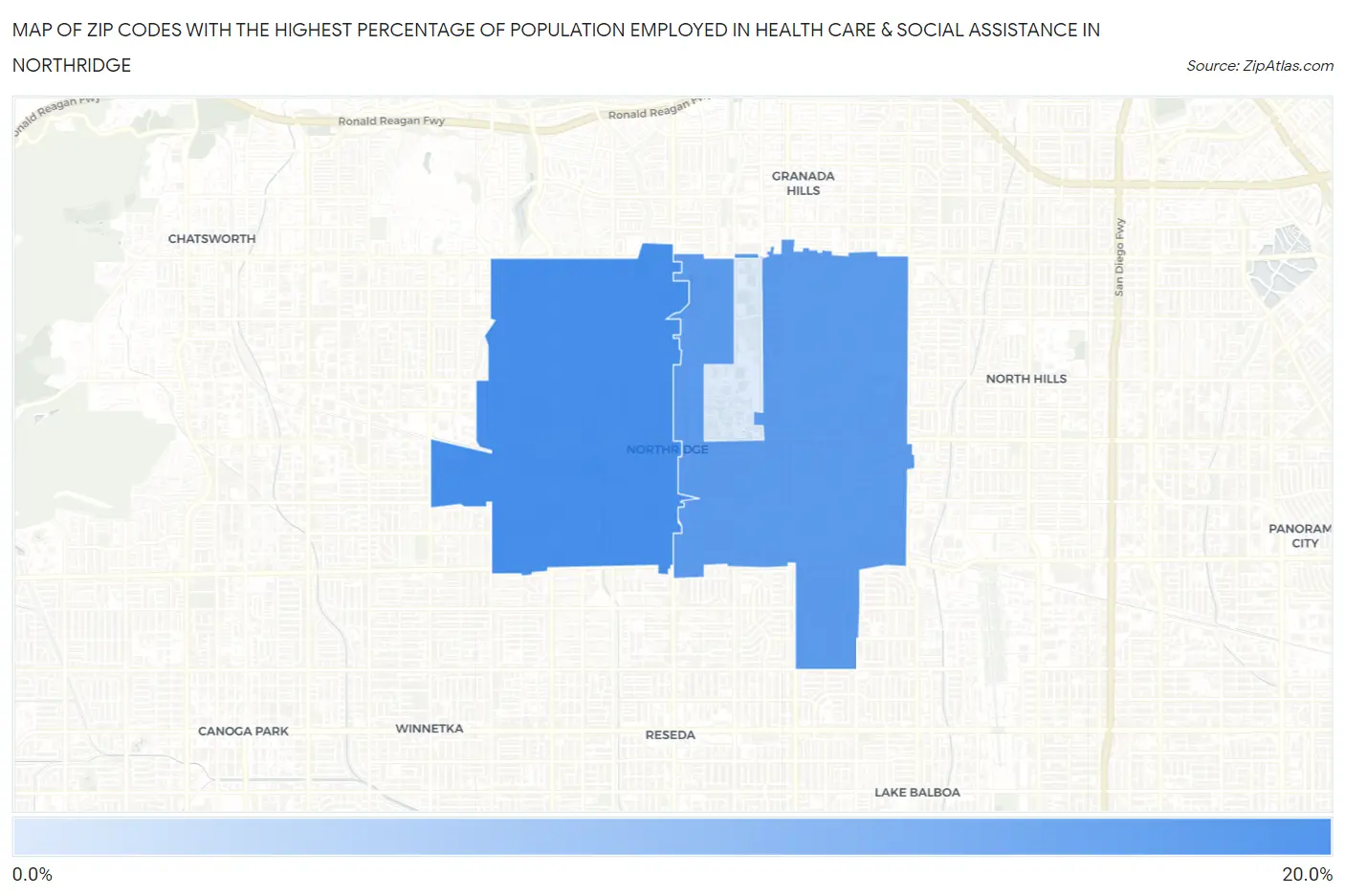 Zip Codes with the Highest Percentage of Population Employed in Health Care & Social Assistance in Northridge Map