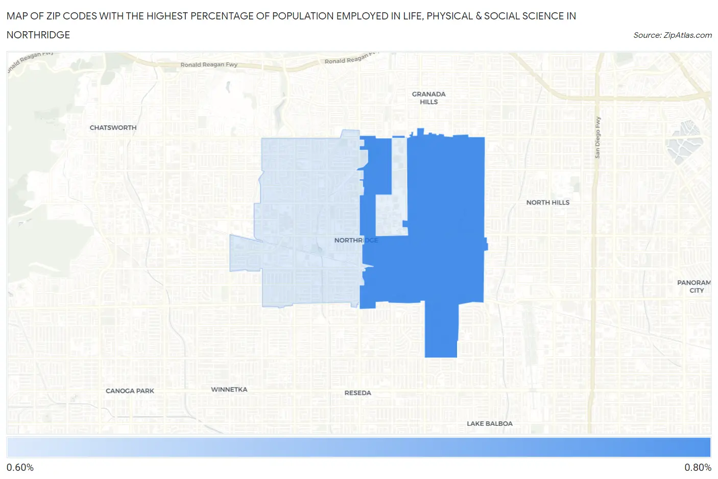 Zip Codes with the Highest Percentage of Population Employed in Life, Physical & Social Science in Northridge Map