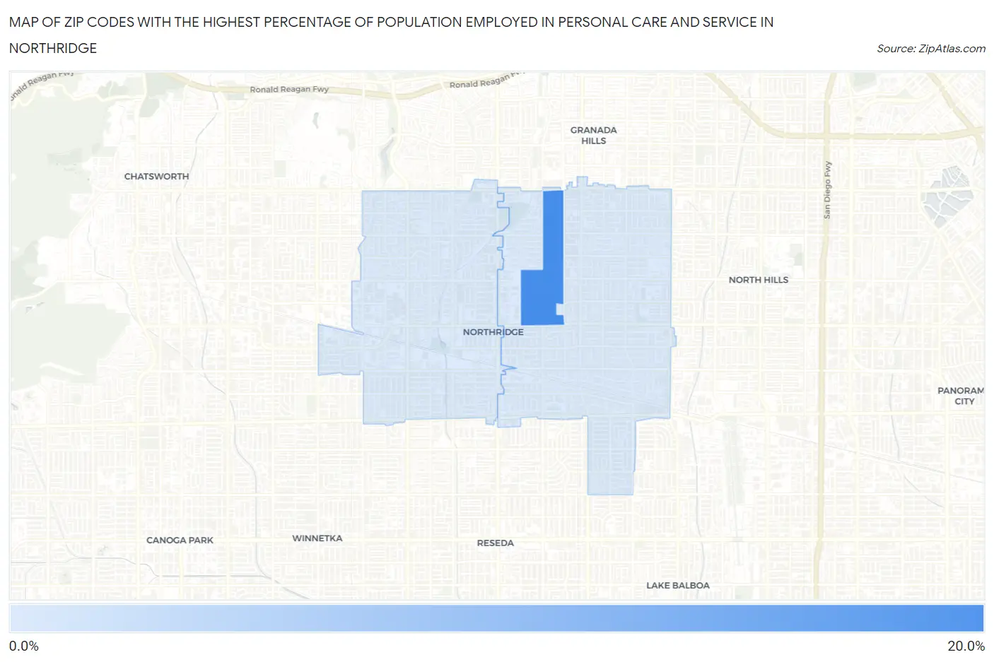 Zip Codes with the Highest Percentage of Population Employed in Personal Care and Service in Northridge Map