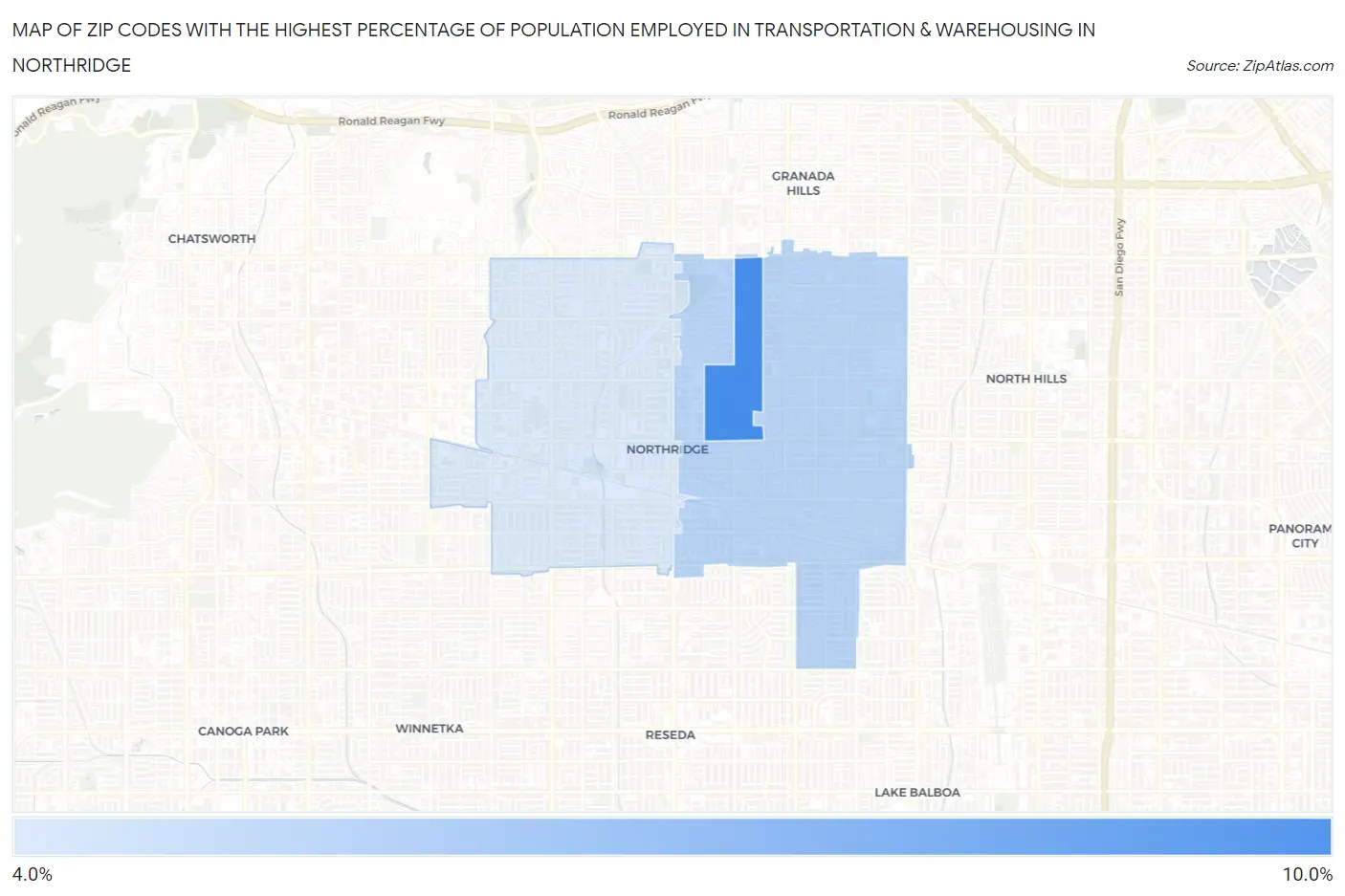 Zip Codes with the Highest Percentage of Population Employed in Transportation & Warehousing in Northridge Map