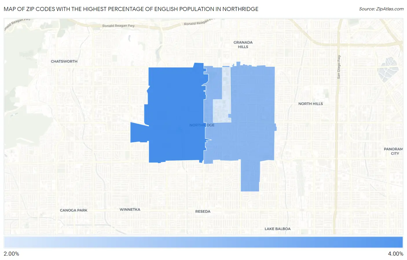 Zip Codes with the Highest Percentage of English Population in Northridge Map