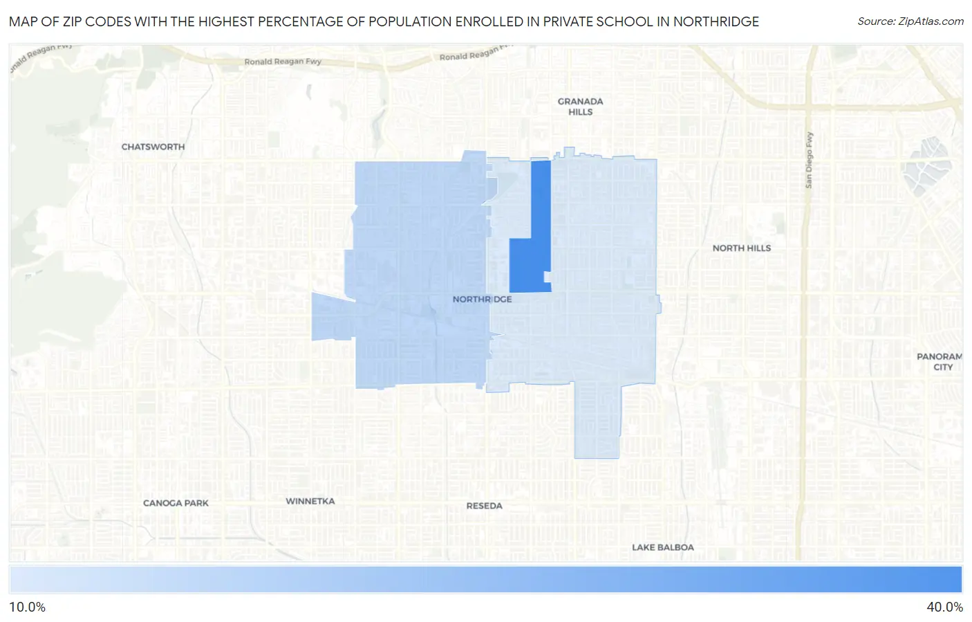 Zip Codes with the Highest Percentage of Population Enrolled in Private School in Northridge Map
