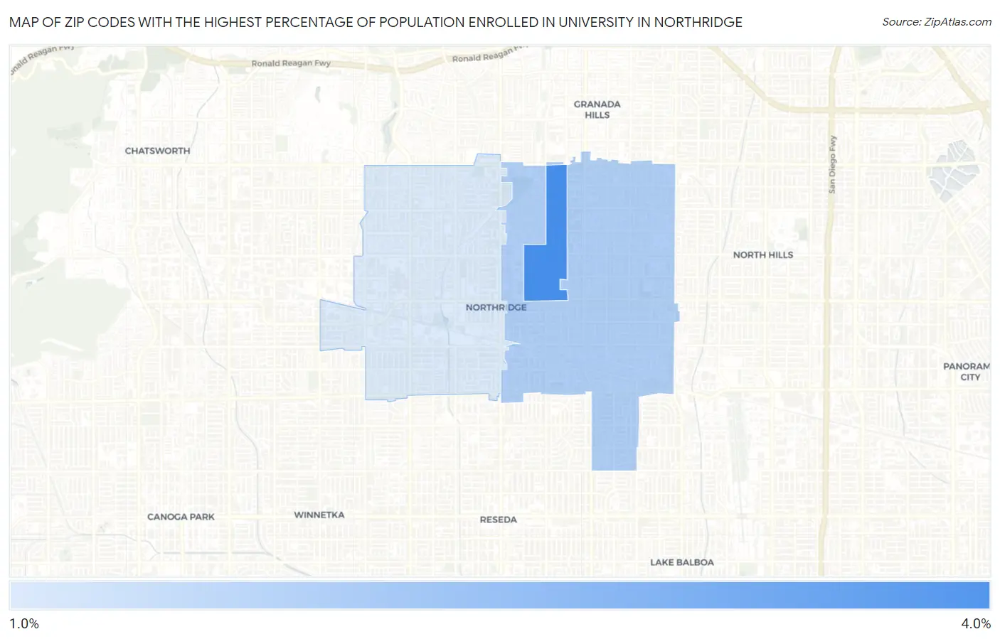 Zip Codes with the Highest Percentage of Population Enrolled in University in Northridge Map