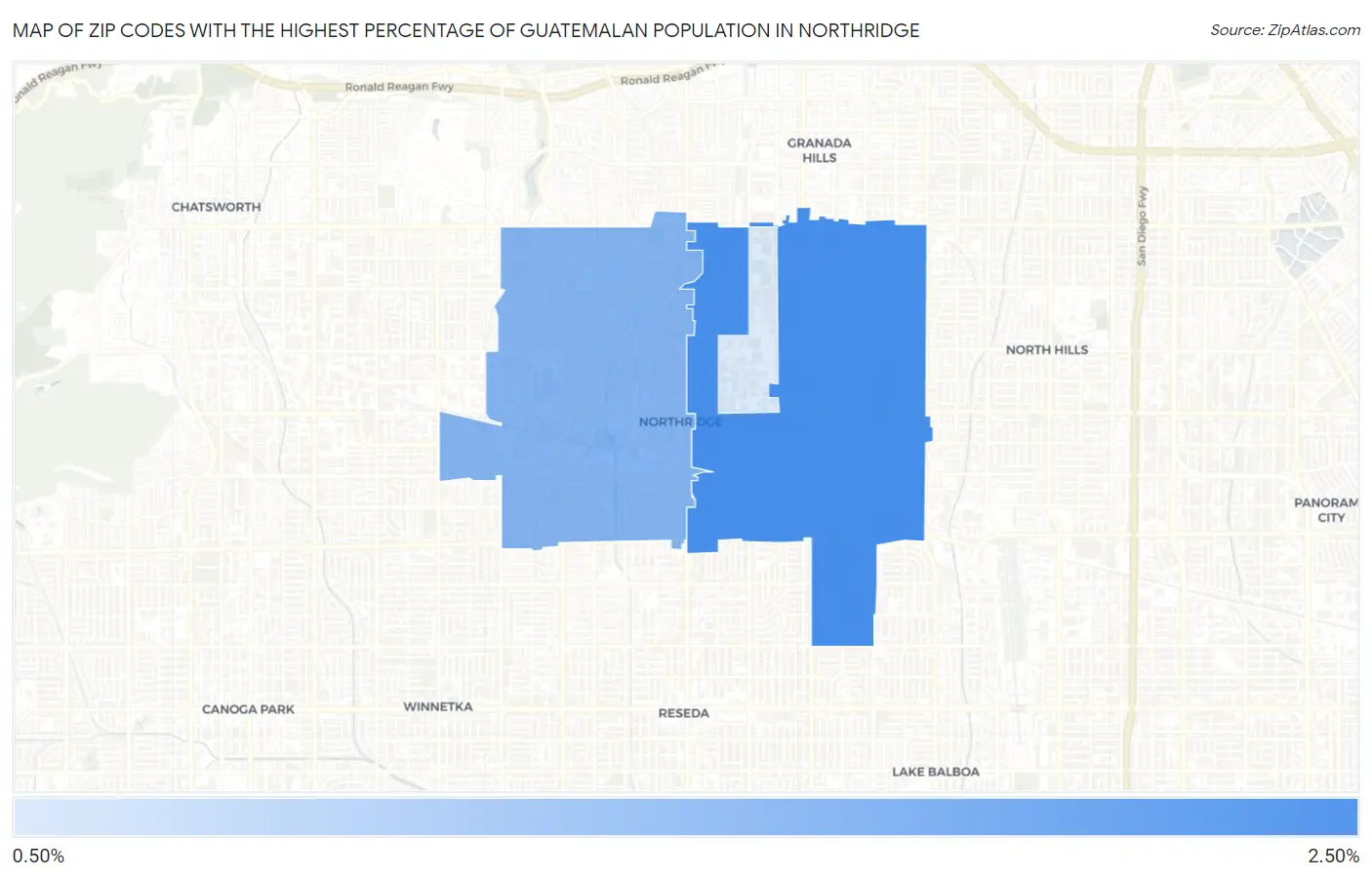 Zip Codes with the Highest Percentage of Guatemalan Population in Northridge Map