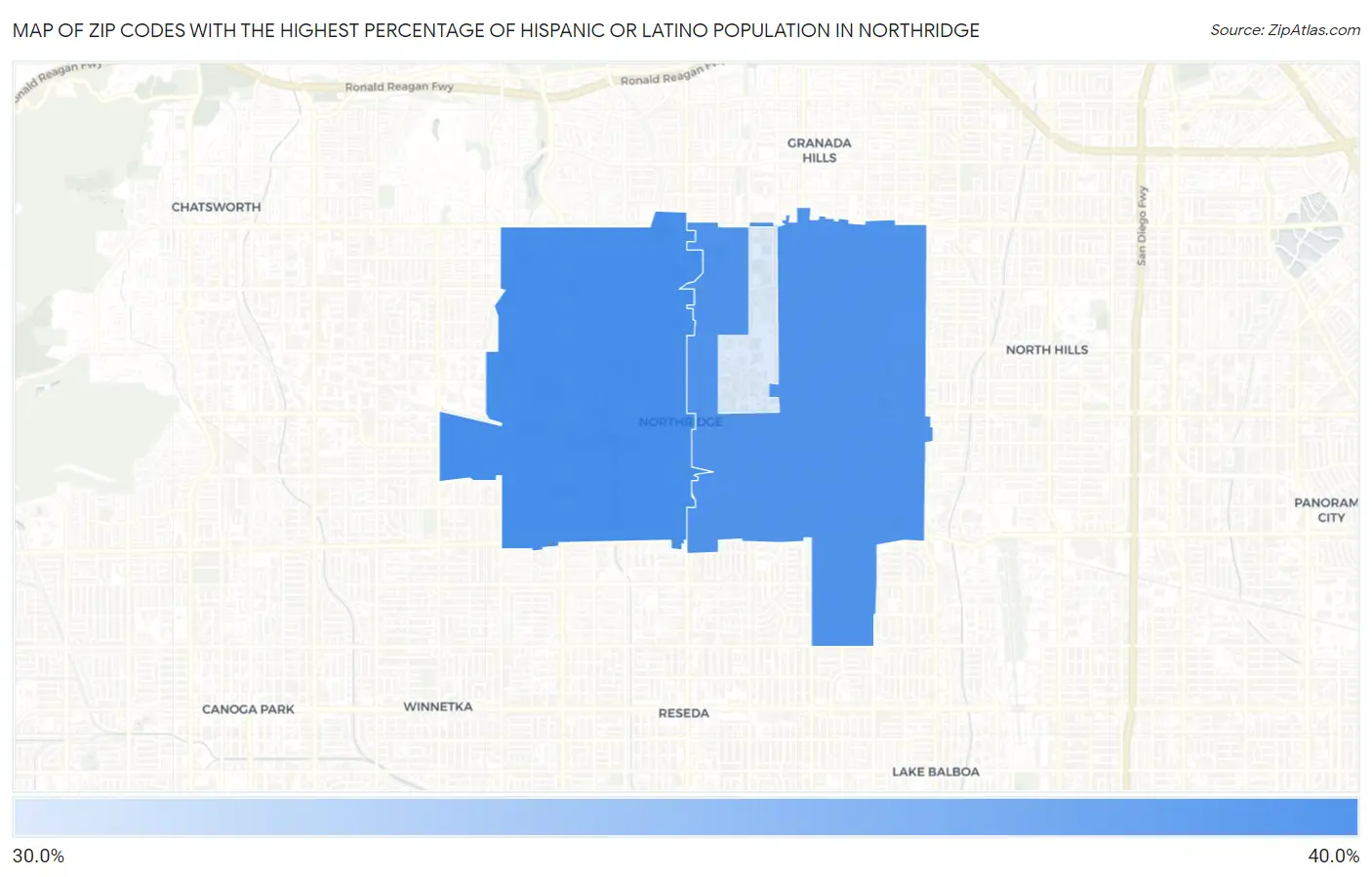 Zip Codes with the Highest Percentage of Hispanic or Latino Population in Northridge Map
