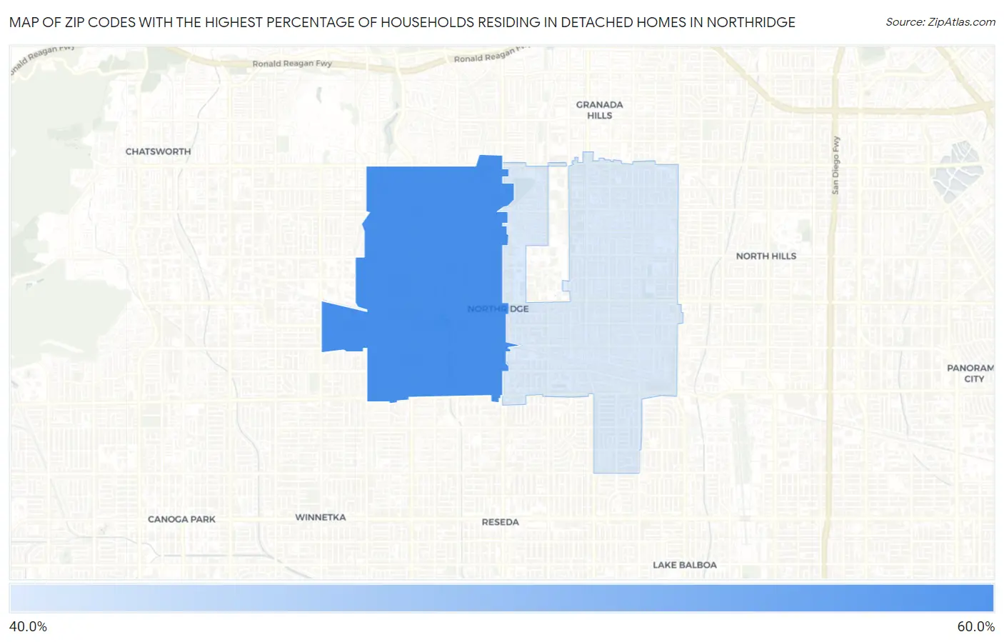 Zip Codes with the Highest Percentage of Households Residing in Detached Homes in Northridge Map