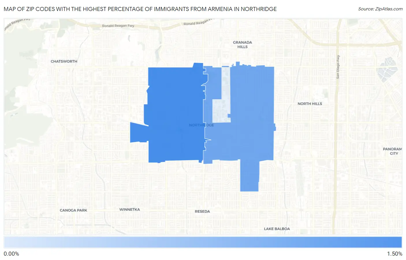 Zip Codes with the Highest Percentage of Immigrants from Armenia in Northridge Map