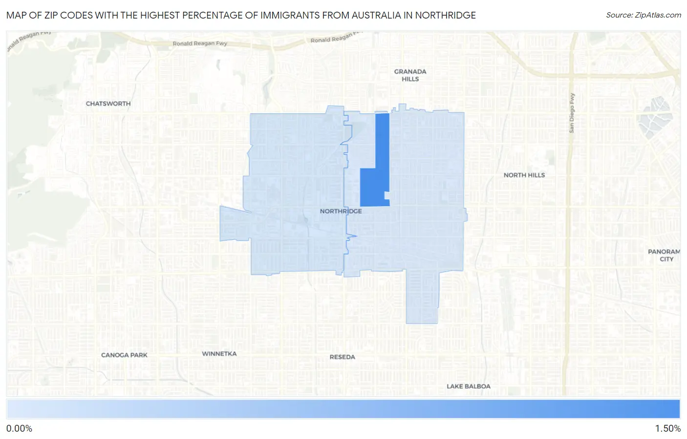 Zip Codes with the Highest Percentage of Immigrants from Australia in Northridge Map
