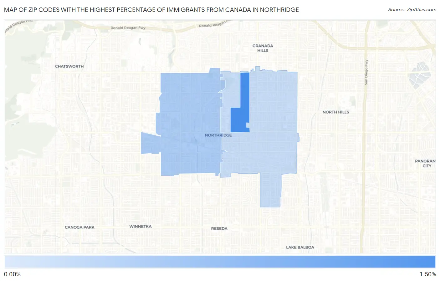 Zip Codes with the Highest Percentage of Immigrants from Canada in Northridge Map